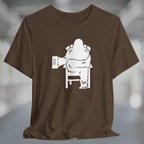 Heather brown t-shirt with white graphic of Bigfoot relaxing in a chair and enjoying a mug of beer.