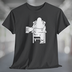 Heather charcoal gray t-shirt with white graphic of Bigfoot relaxing in a chair and enjoying a mug of beer.