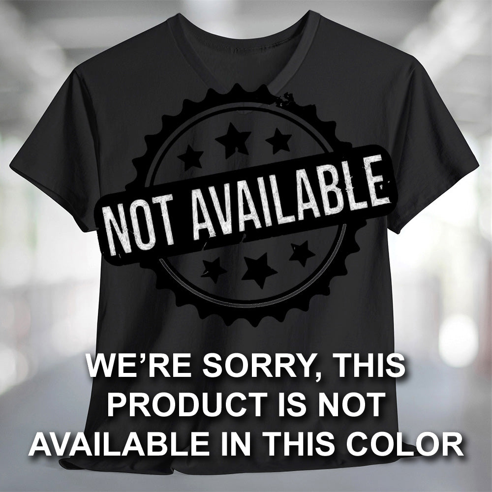 A black V-neck T-shirt with text saying “WE’RE SORRY, THIS PRODUCT IS NOT AVAILABLE IN THIS COLOR.”.