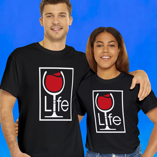 A man and woman wearing black t-shirts with a Wine Life logo and a red wine glass inside a rectangle.