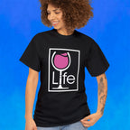 A woman wearing a black t-shirt with a Wine Life logo and a pink wine glass inside a rectangle.