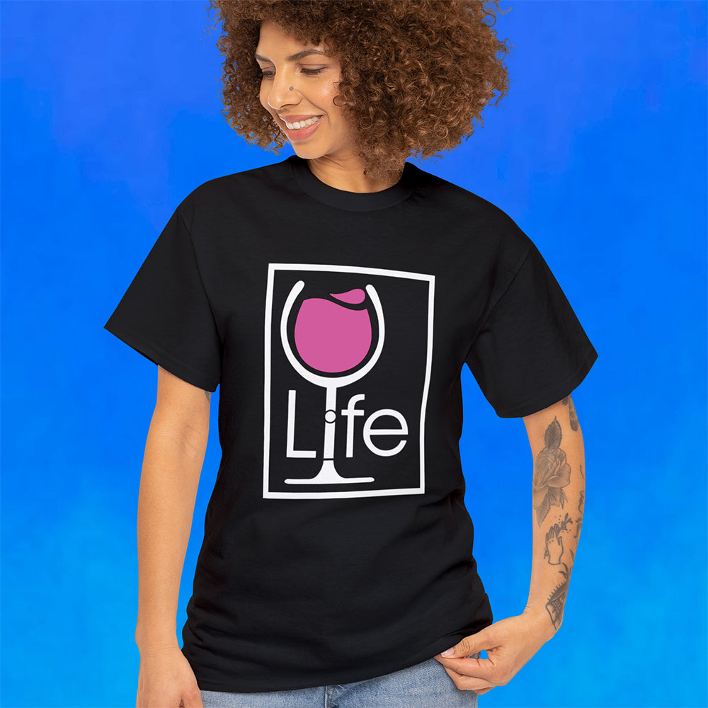 A woman wearing a black t-shirt with a Wine Life logo and a pink wine glass inside a rectangle.