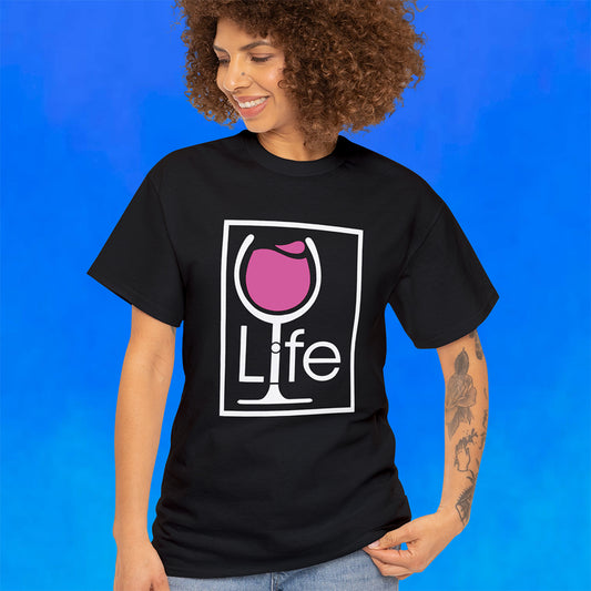 A woman wearing a black t-shirt with a Wine Life logo and a pink wine glass inside a rectangle.