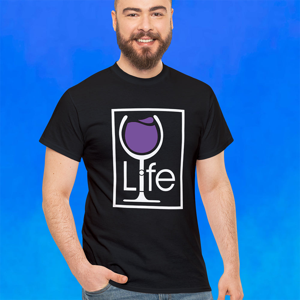 A man wearing a black t-shirt with a Wine Life logo and a purple wine glass inside a rectangle.