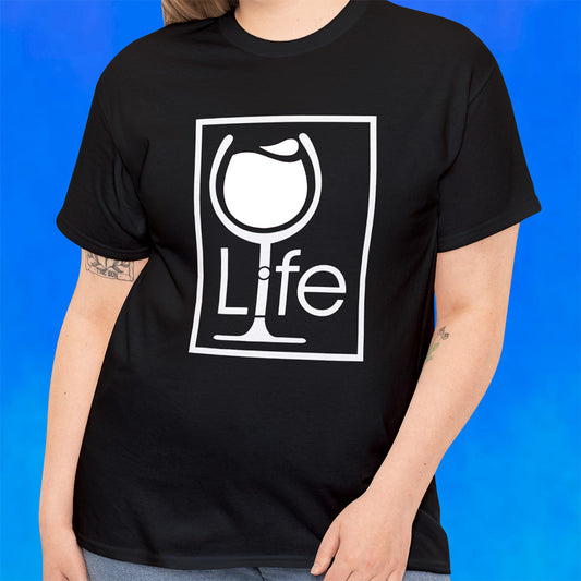 A woman wearing a black t-shirt with a large white Wine Life logo with a white wine glass inside a rectangle.
