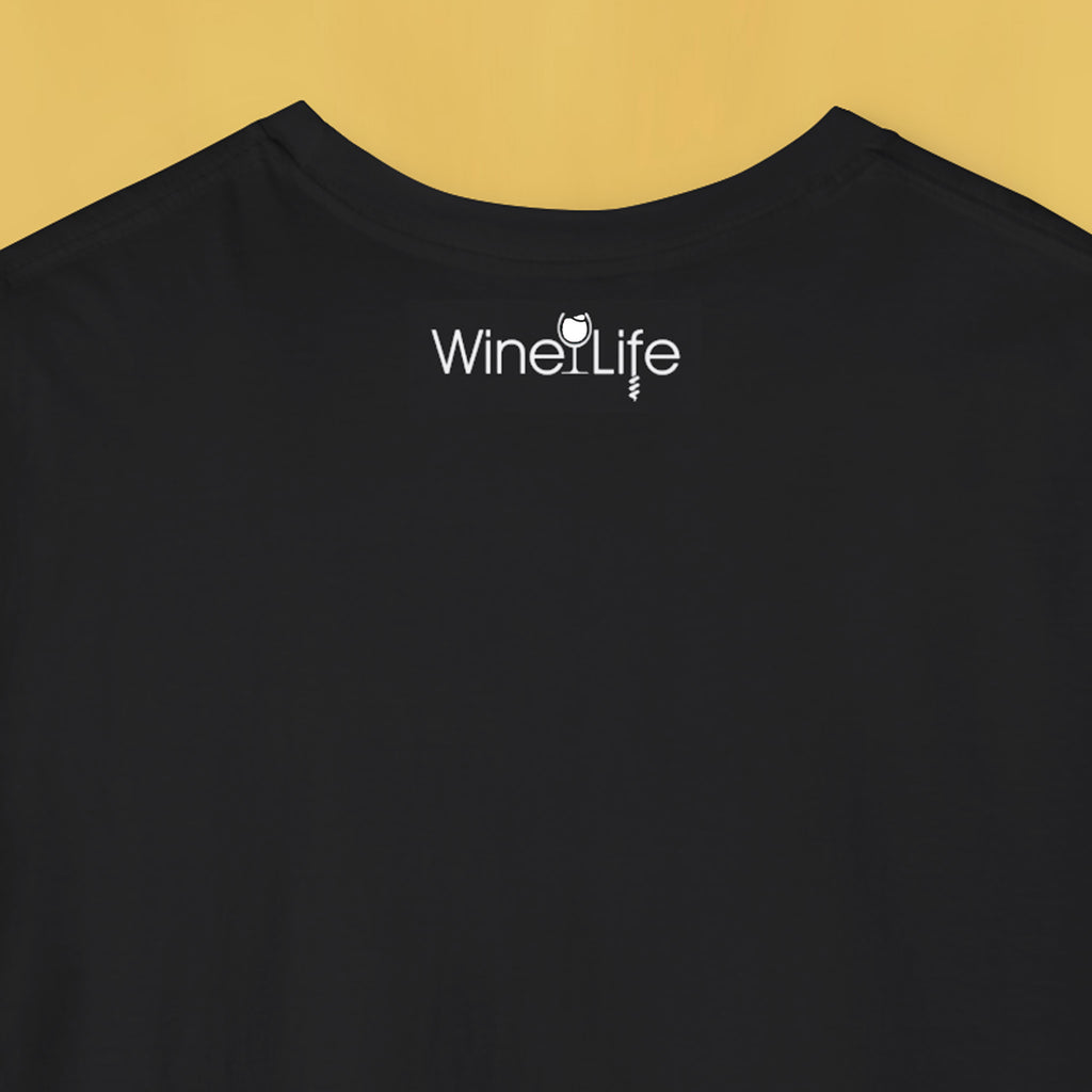Back neckline of a black t-shirt with Wine Life logo featuring a white wine glass and corkscrew