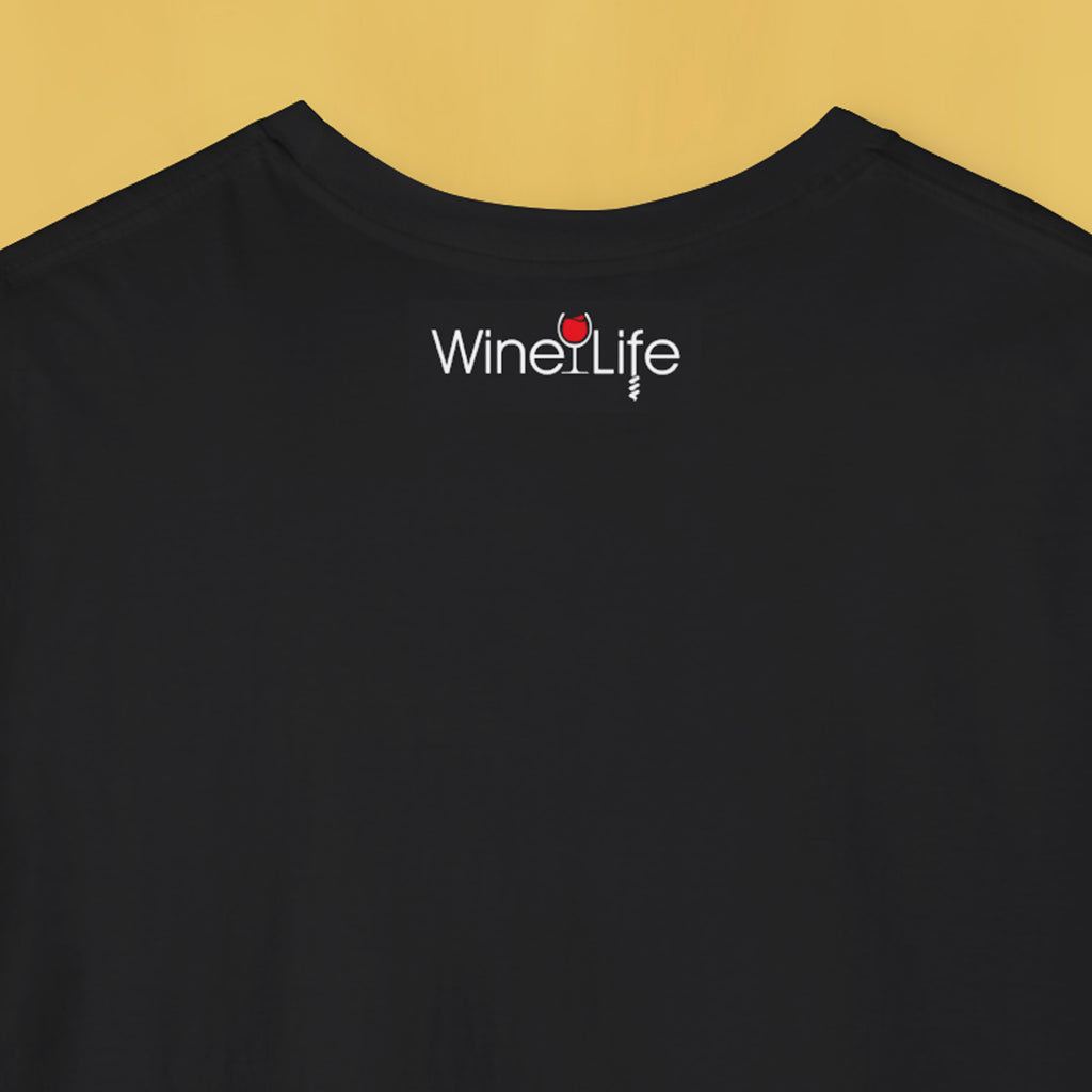 Black t-shirt back, with small wine life logo at neckline