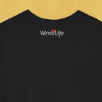 Back neckline of black shirt with red wine glass Wine Life logo