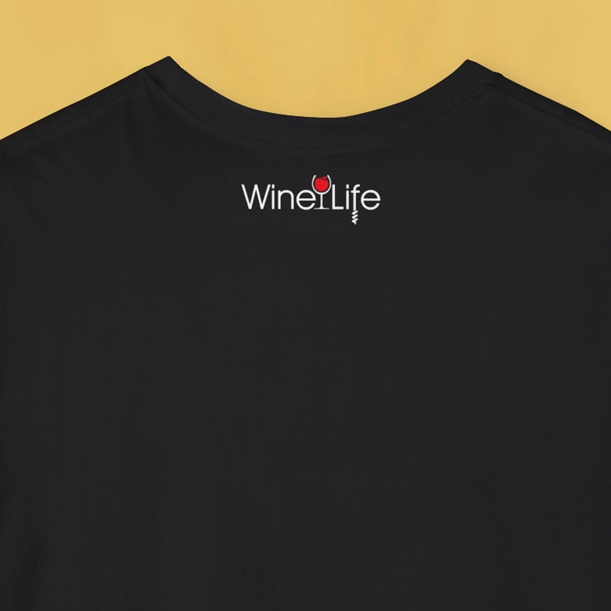 Back neckline of black shirt with red wine glass Wine Life logo