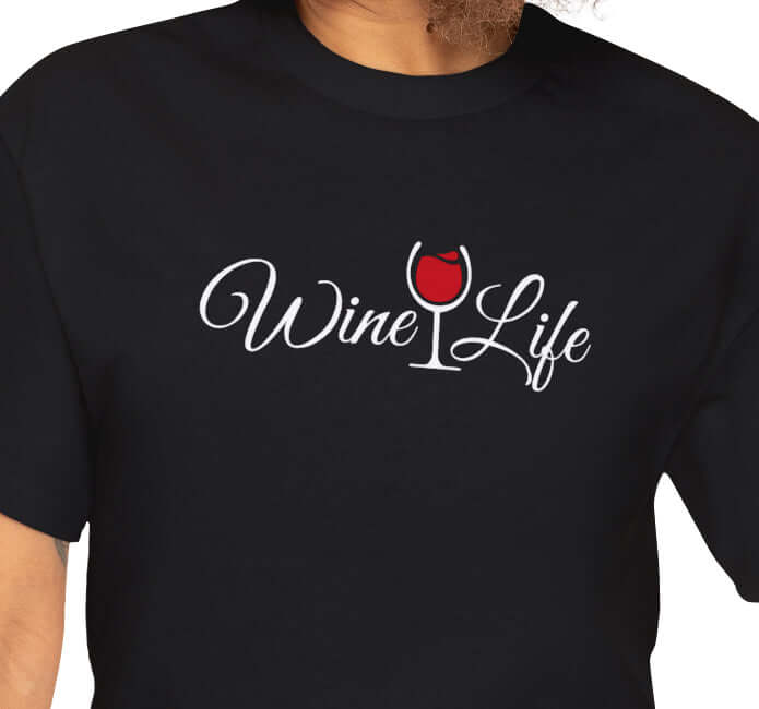 Red Wine Life Script Logo T-Shirt featuring a stylish Wine Life graphic with a red wine glass on a black t-shirt. Main image
