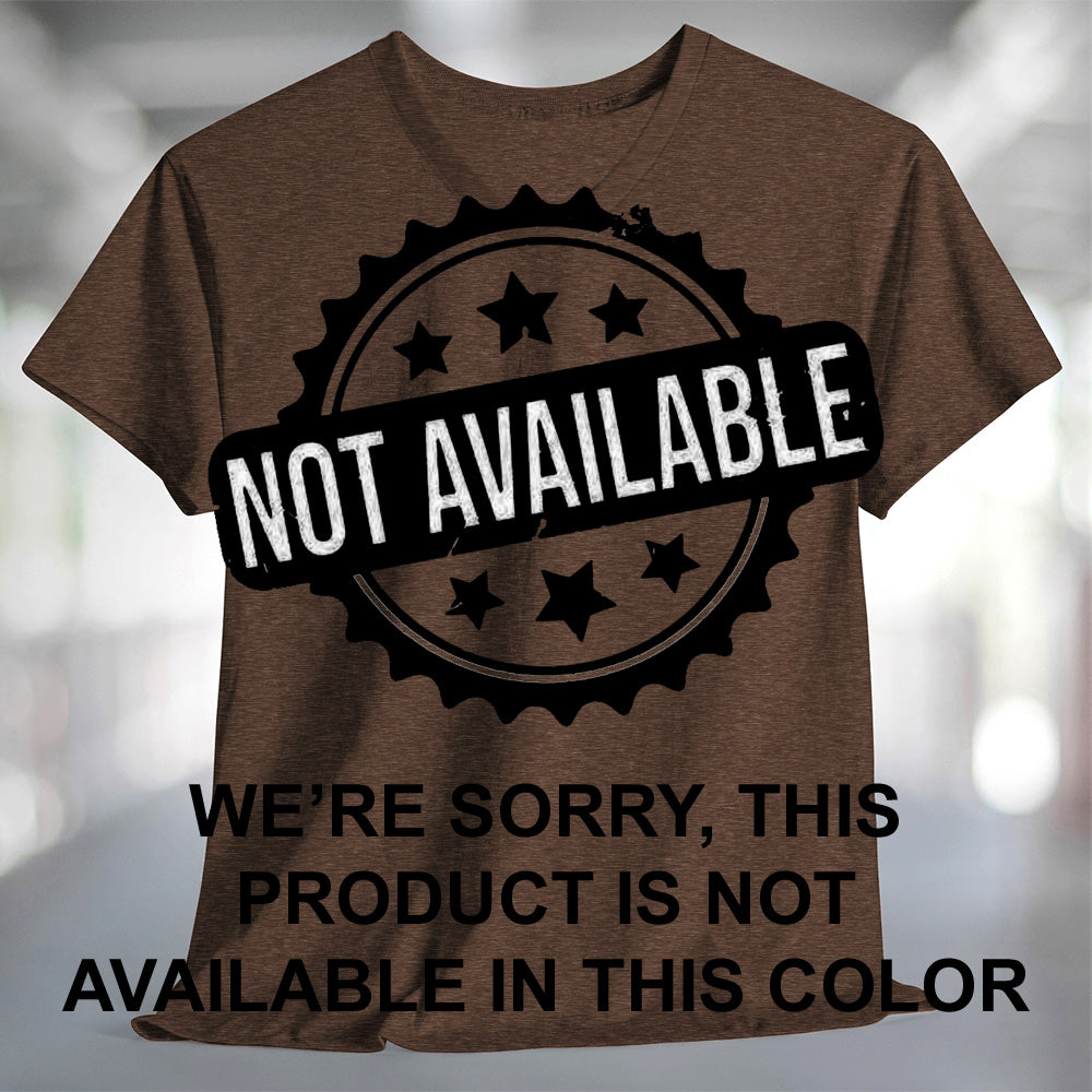 A heather brown short-sleeve V-neck t-shirt with text reading NOT AVAILABLE WE'RE SORRY, THIS PRODUCT IS NOT AVAILABLE IN THIS COLOR.