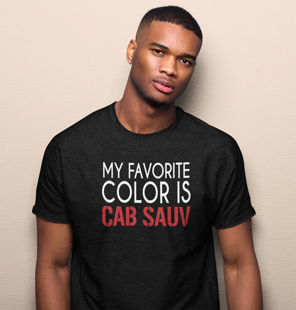 Man wearing a black t-shirt with 'My Favorite Color is Cab Sauv' text. Main image