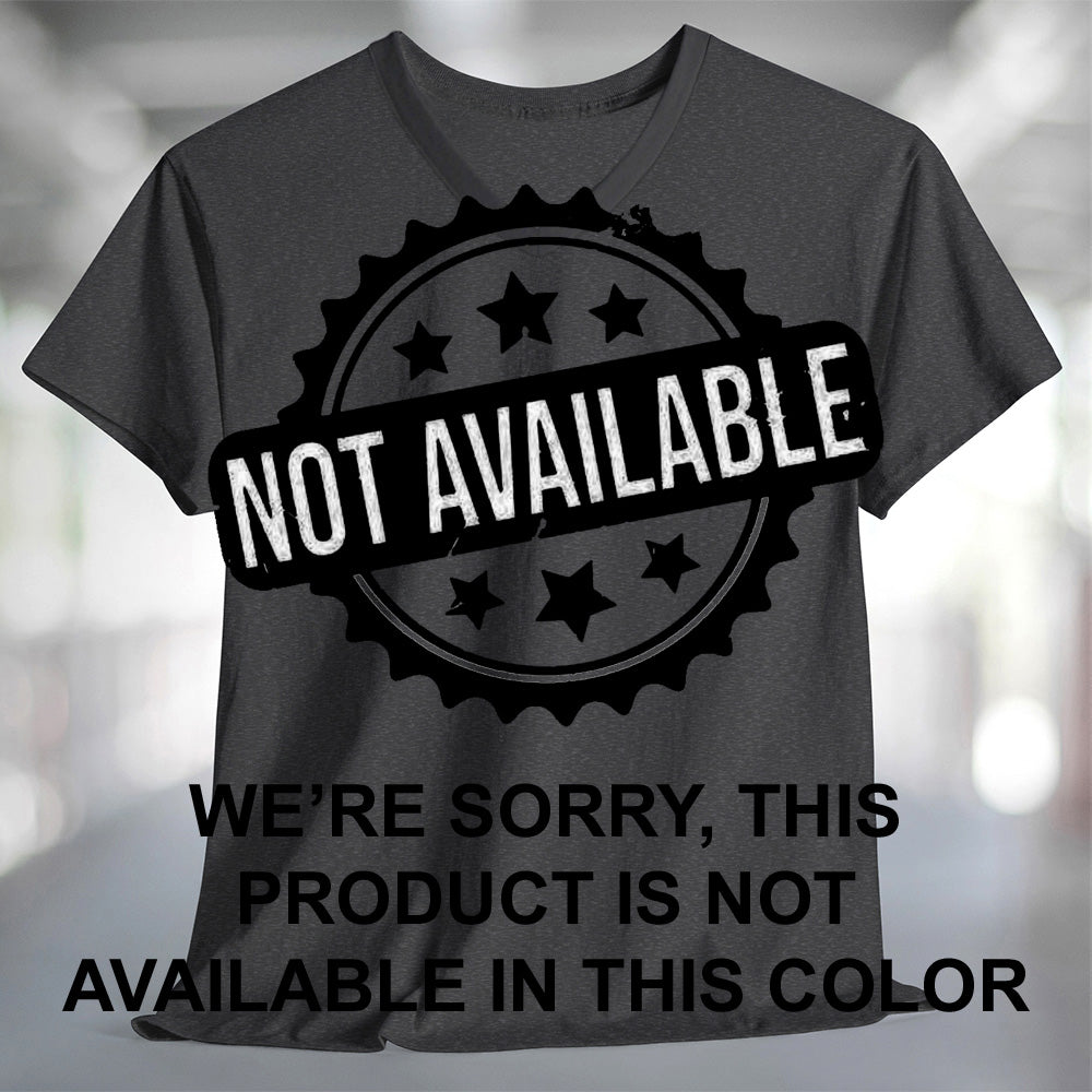 A dark heather gray charcoal V-neck t-shirt with text that says Not Available WE'RE SORRY, THIS PRODUCT IS NOT AVAILABLE IN THIS COLOR.