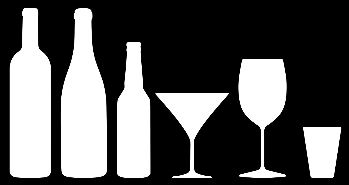 white decal silhouettes of wine and beer bottles and wine and cocktail glasses