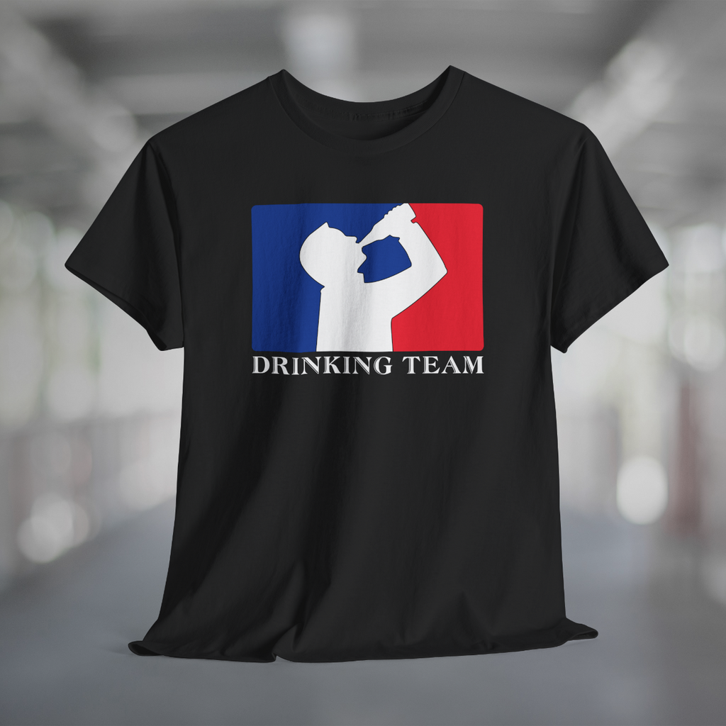 Black t-shirt with white silhouette of man drinking beer with red and blue background, like professional sports logo, and words Drinking Team underneath