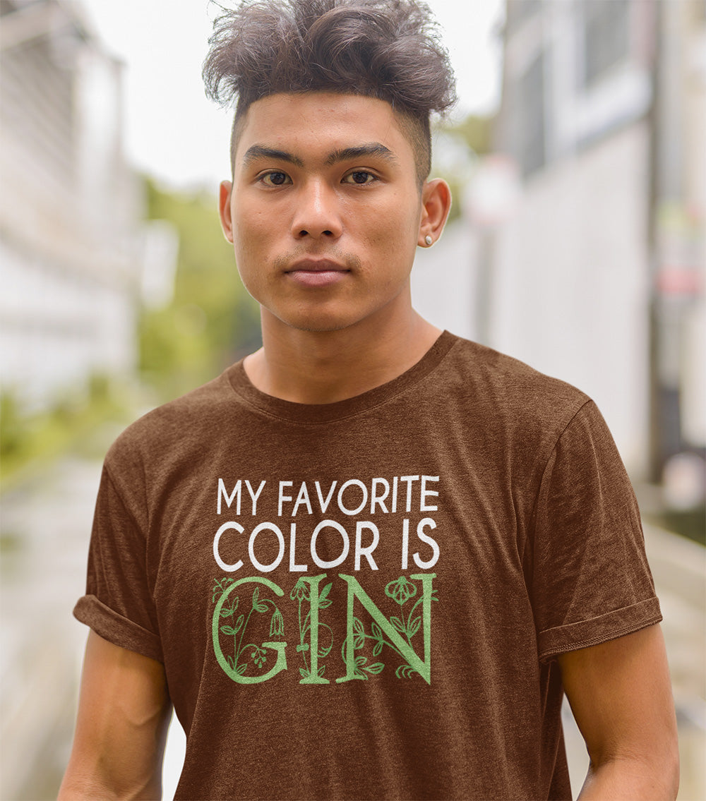 Man wearing Heather brown t-shirt with white and green text that says My Favorite Color is Gin