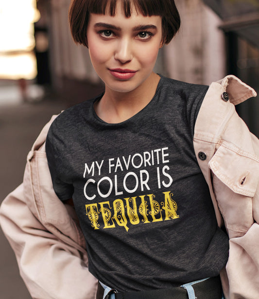 Woman wearing a heather charcoal gray t-shirt with white and yellow text My Favorite Color is Tequila