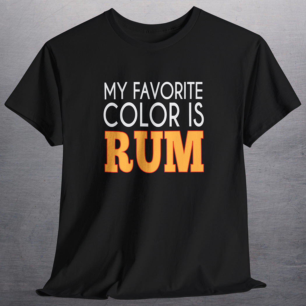 Black t-shirt with white and yellow text My Favorite Color is Rum