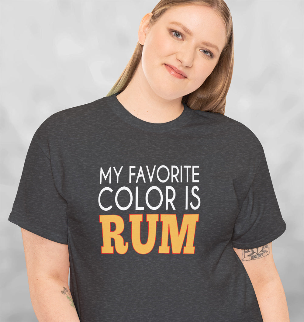 Woman wearing a heather charcoal gray t-shirt with white and yellow text My Favorite Color is Rum