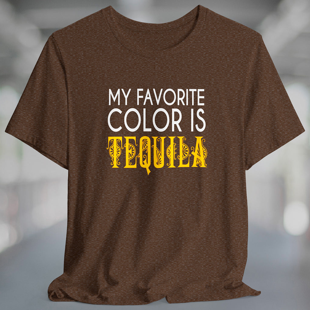 Heather brown t-shirt with white and yellow text My Favorite Color is Tequila
