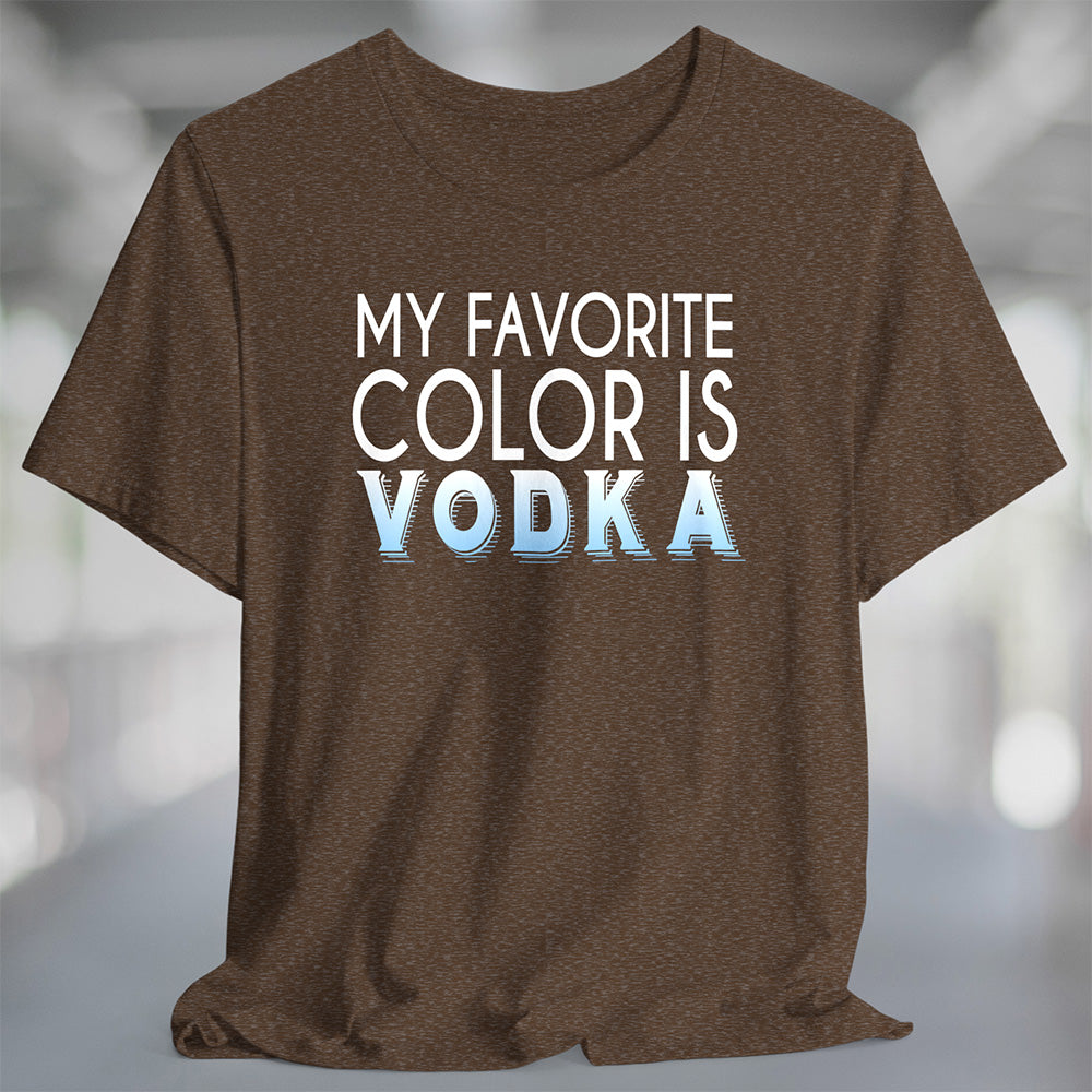'My Favorite Color is Vodka' text on a brown t-shirt with a blurred background