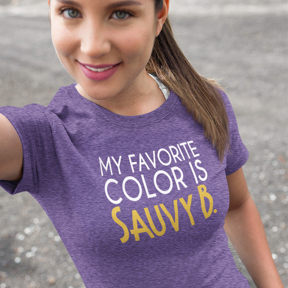 My Favorite Color is Sauvy B T-Shirt worn by a smiling woman in a purple tee with a fun design.