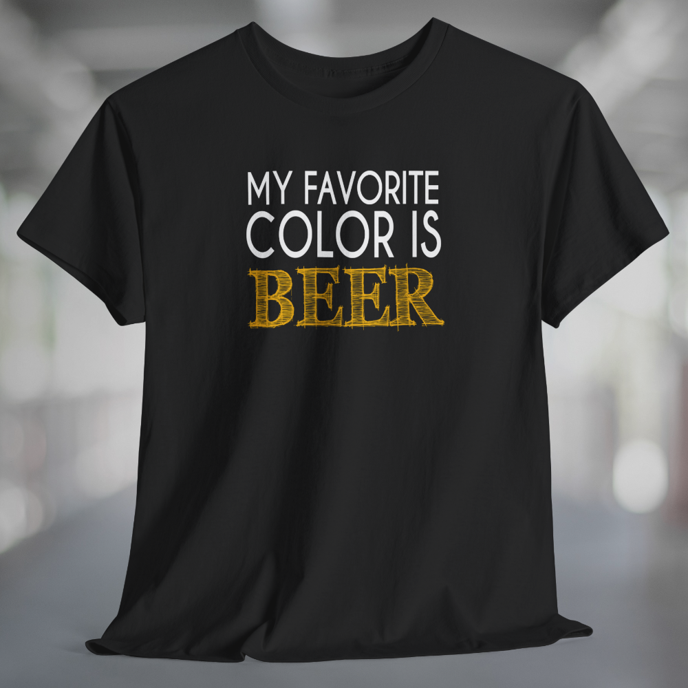 Black T-shirt with white and yellow text My Favorite Color is Beer