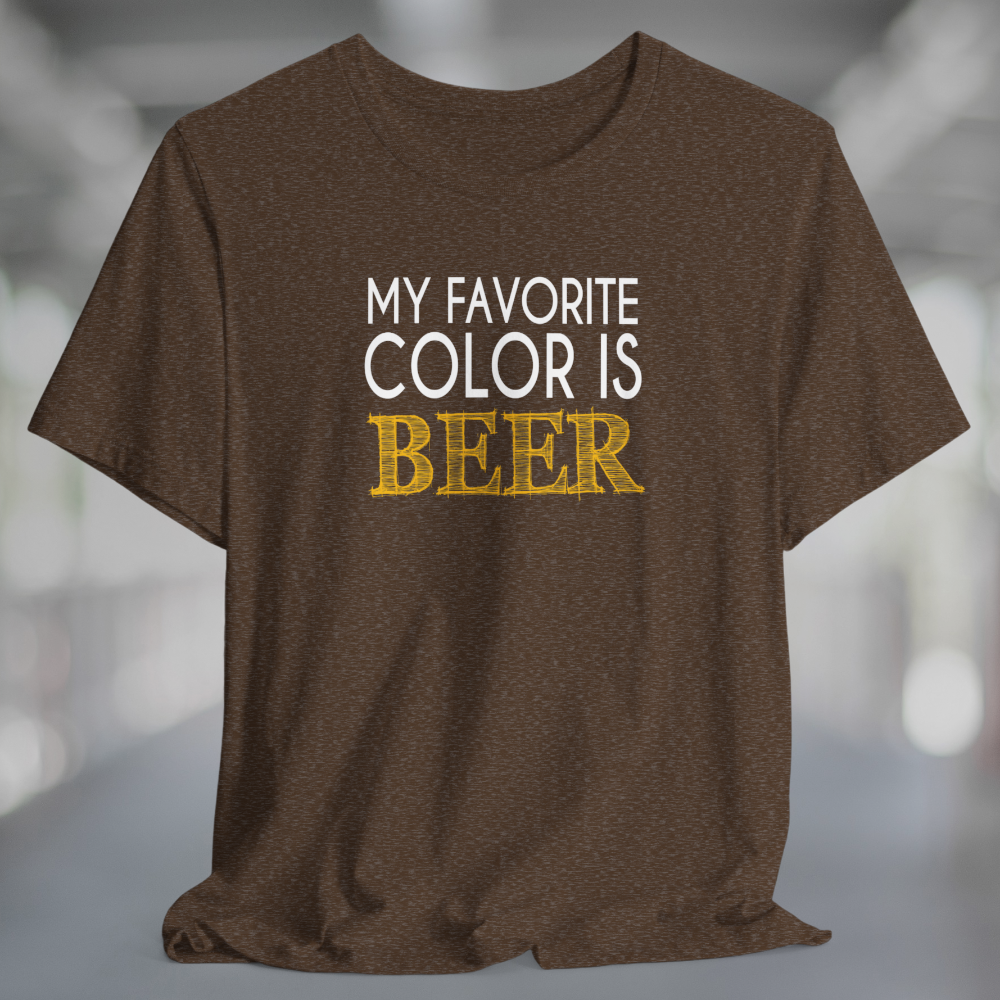 Heather brown T-shirt with white and yellow text My Favorite Color is Beer