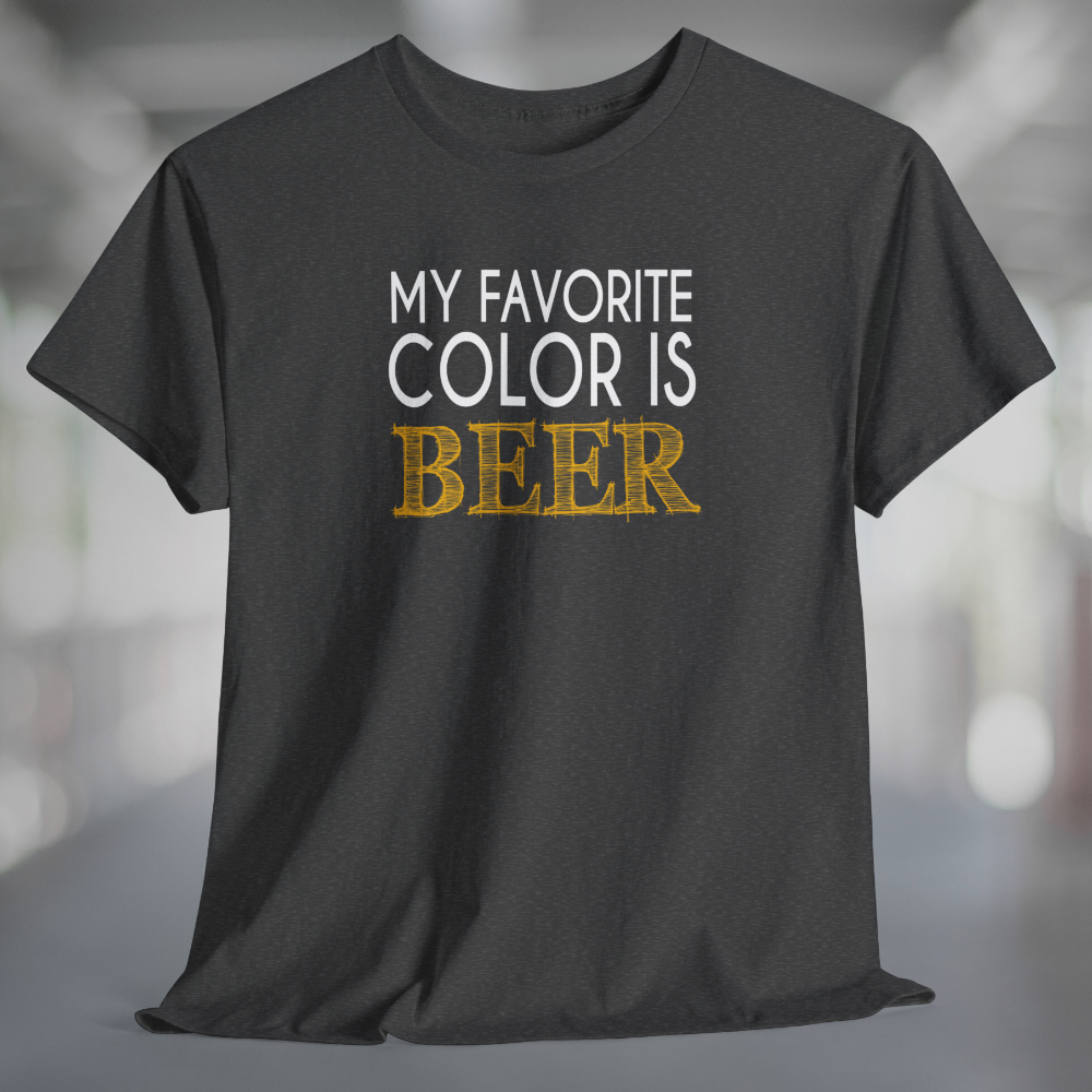 Heather charcoal gray T-shirt with white and yellow text My Favorite Color is Beer