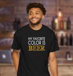 Man wearing black t-shirt with white and yellow text My Favorite Color is Beer
