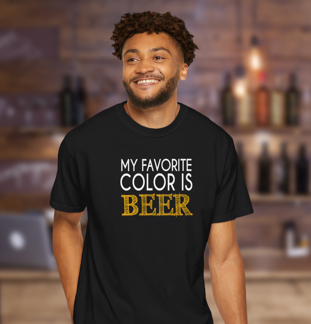 Man wearing black t-shirt with white and yellow text My Favorite Color is Beer