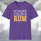 My Favorite Color is Rum T-Shirt displayed on a purple tee, celebrating the joy of rum drinking.