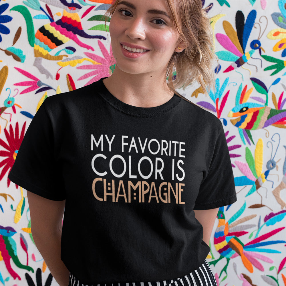 My Favorite Color is Champagne T-Shirt displayed on a model against a colorful floral background.
