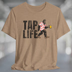 Heather tan t-shirt with 'Tap Life' text and Bigfoot wearing a Hawaiian shirt and holding a beer