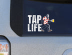 Sticker on car window with 'Tap Life' and a Bigfoot holding a beer