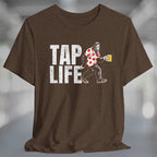 Heather brown t-shirt with 'Tap Life' text and Bigfoot wearing a Hawaiian shirt and holding a beer