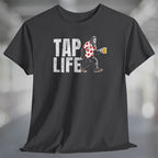 Heather charcoal t-shirt with 'Tap Life' text and Bigfoot wearing a Hawaiian shirt and holding a beer