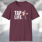 Heather maroon red t-shirt with 'Tap Life' text and Bigfoot wearing a Hawaiian shirt and holding a beer