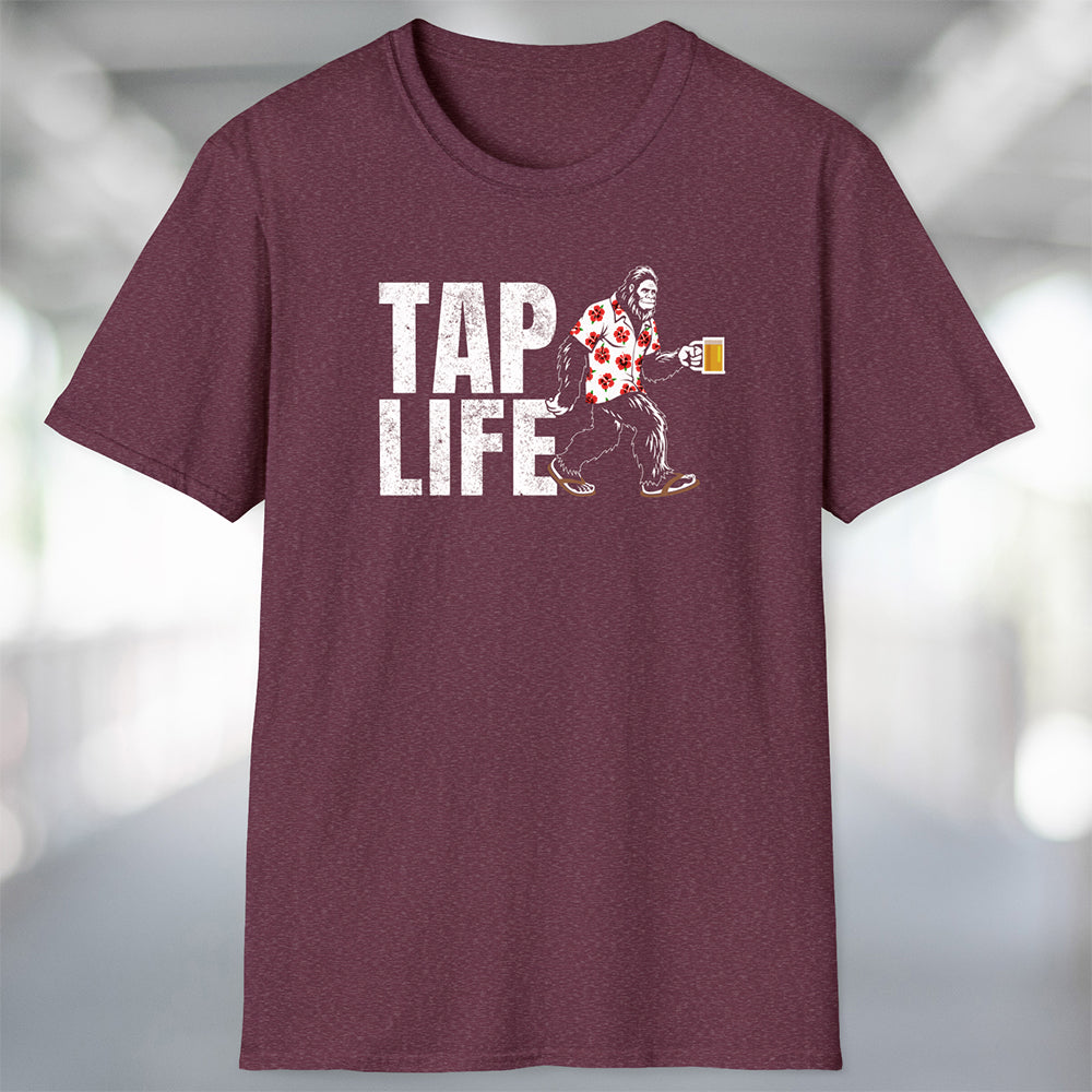 Heather maroon red t-shirt with 'Tap Life' text and Bigfoot wearing a Hawaiian shirt and holding a beer