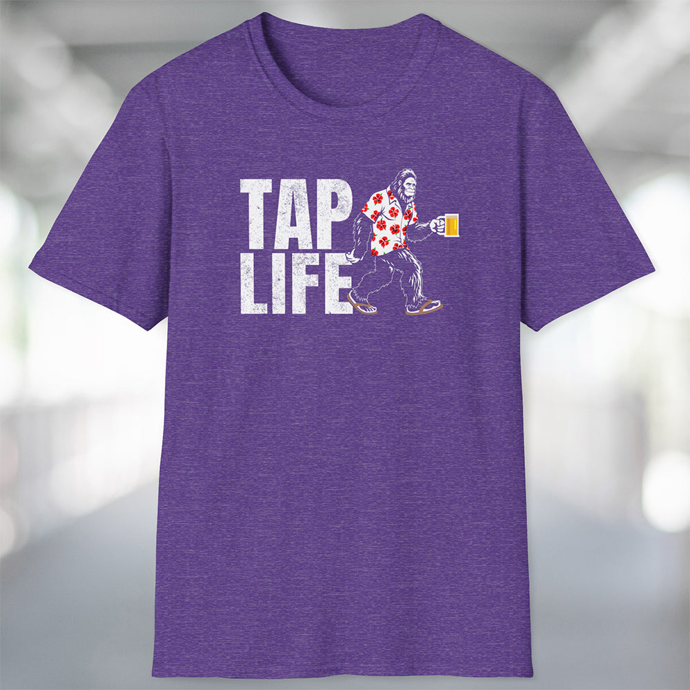 Heather purple t-shirt with 'Tap Life' text and Bigfoot wearing a Hawaiian shirt and holding a beer