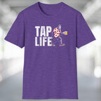 Heather purple t-shirt with 'Tap Life' text and Bigfoot wearing a Hawaiian shirt and holding a beer