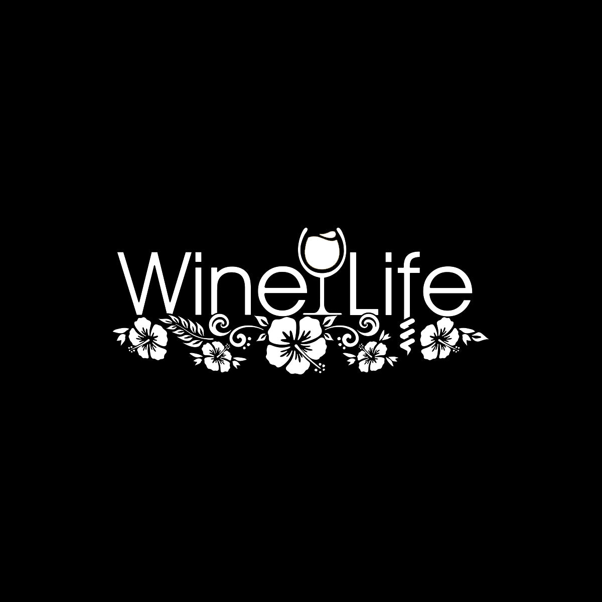 Hawaiian 'Wine Life' logo with hibiscus flower design on a black background
