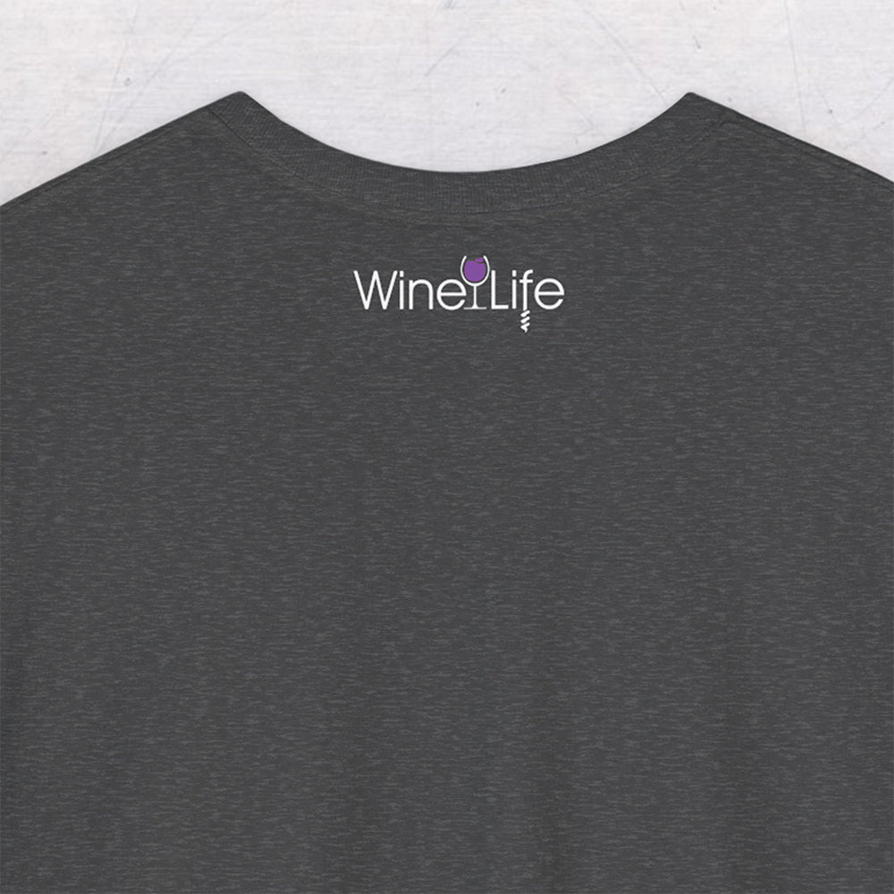 Wine Life logo with purple wine glass and corkscrew on back neckline of charcoal heather shirt 