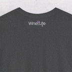 Wine Life logo with purple wine glass and corkscrew on back neckline of charcoal heather shirt 