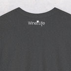 Back neckline of charcoal gray t-shirt with small wine life logo and glass of white wine