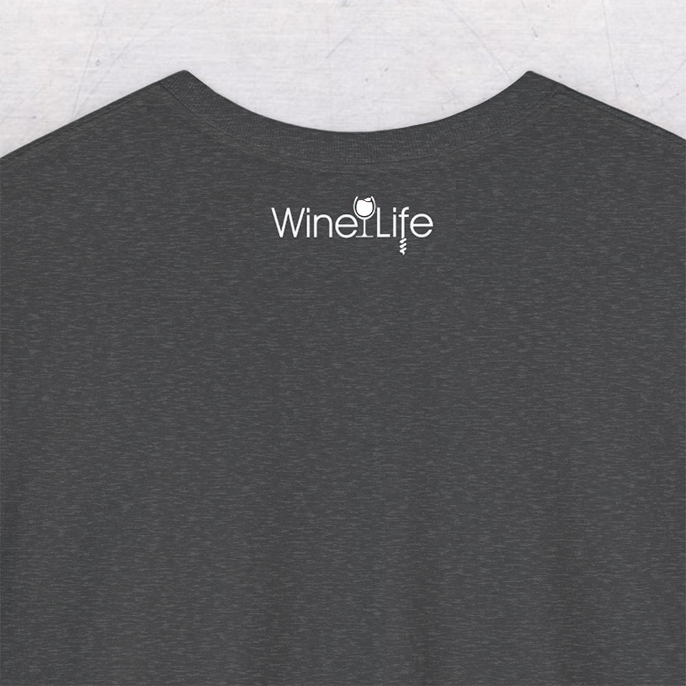 Back neckline of charcoal gray t-shirt with small wine life logo and glass of white wine