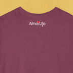 Heather red maroon t-shirt back, with small wine life logo at neckline