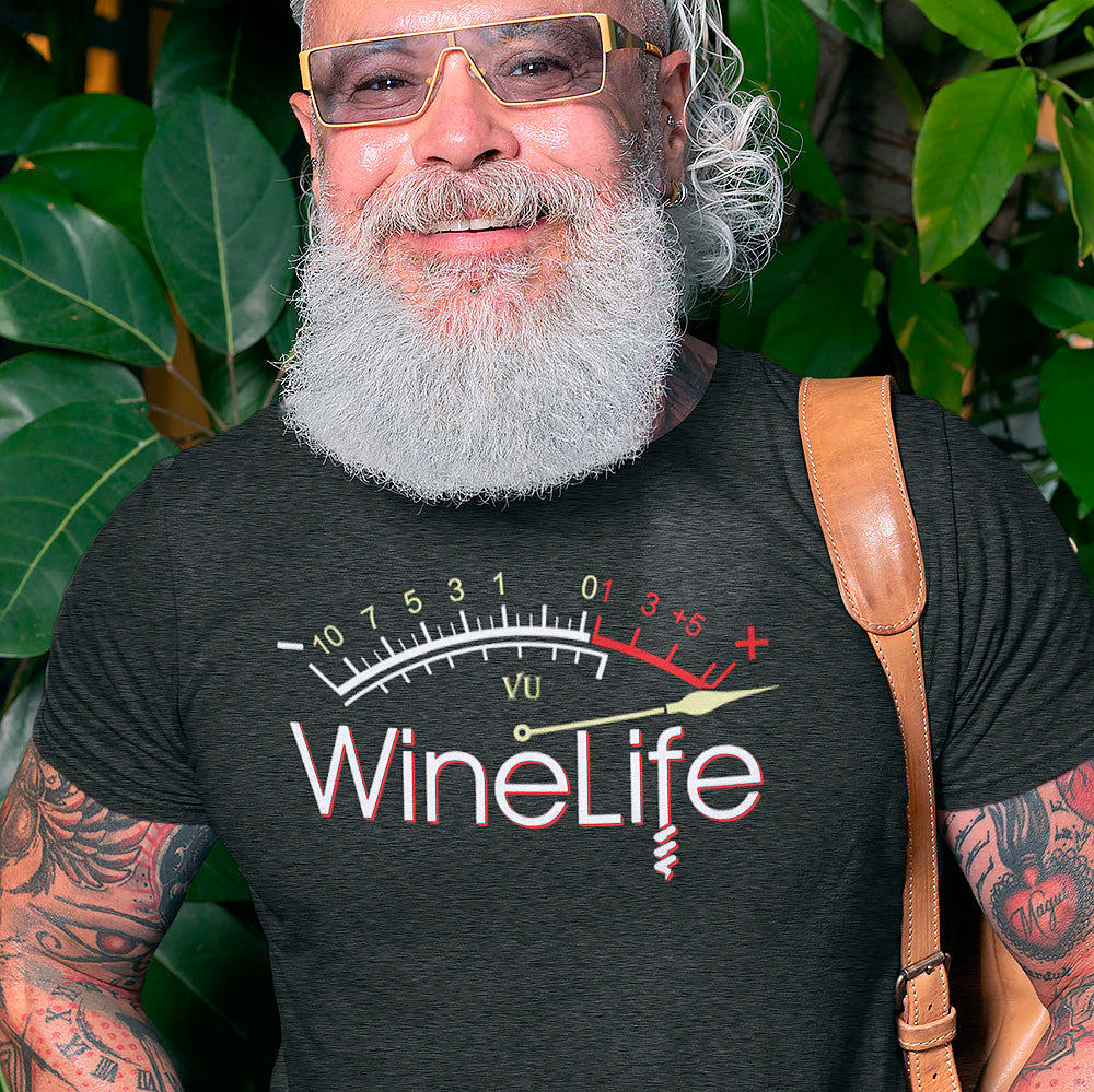Man wearing Red Wine Life Overload T-Shirt featuring a vintage meter design, ideal for wine lovers who appreciate style and comfort. Main image