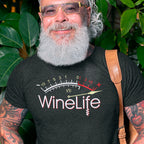 Man wearing Red Wine Life Overload T-Shirt featuring a vintage meter design, ideal for wine lovers who appreciate style and comfort.