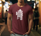 Bigfoot Wine T-Shirt featuring a graphic of Sasquatch relaxing in a chair with a glass of wine.